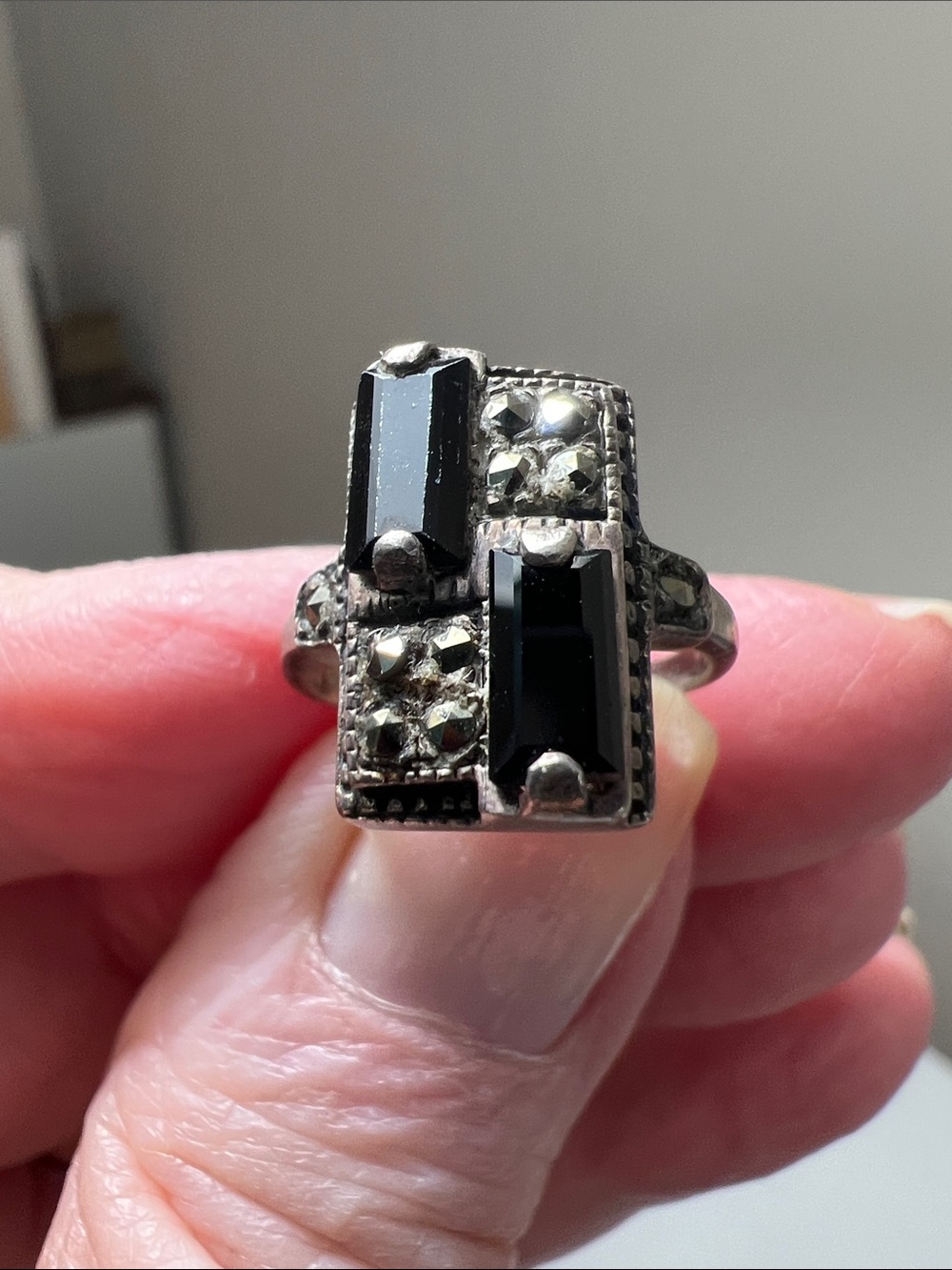 Heirloom Silver Tone Black Onyx & Marcasite Rectangular Statement Ring